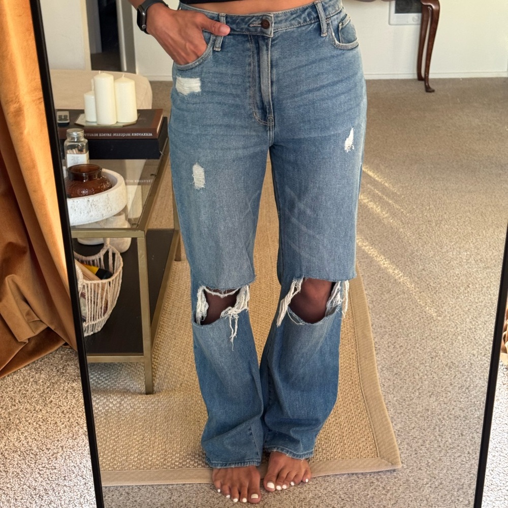 Hollister Blue Flare Wide Leg Jeans with Distressed Knees